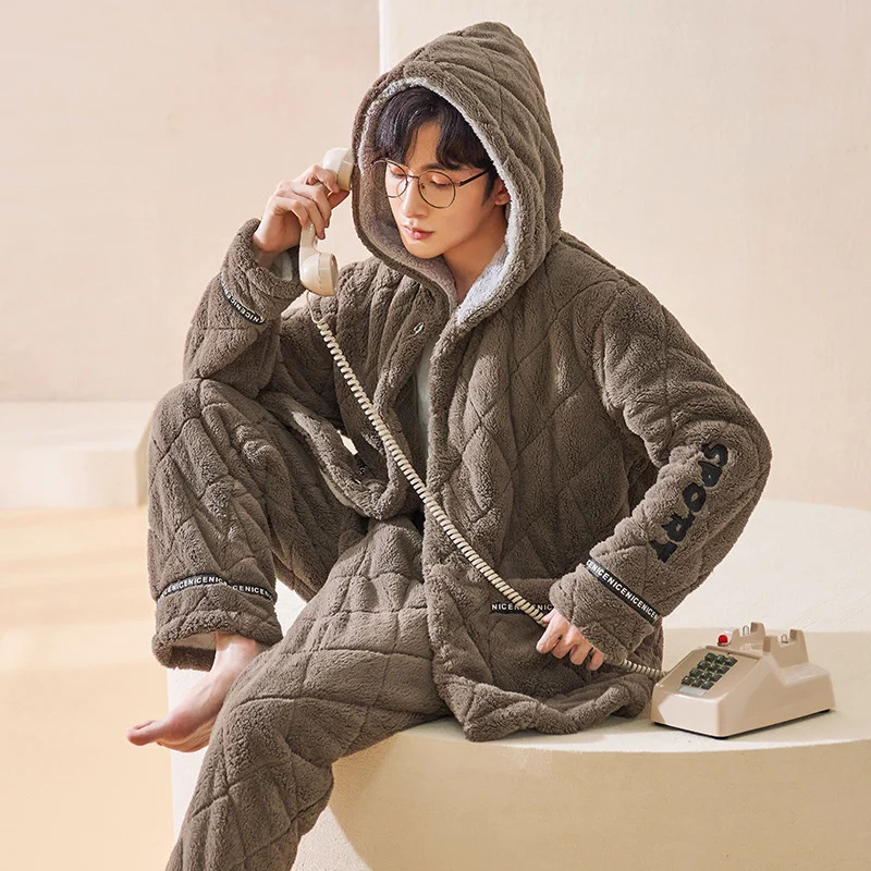 Pajama Korean Fleece Winter Coral Set For Men Thickened Three-layer Quilted Super Warm Pijamas Male Home Clothing Suit