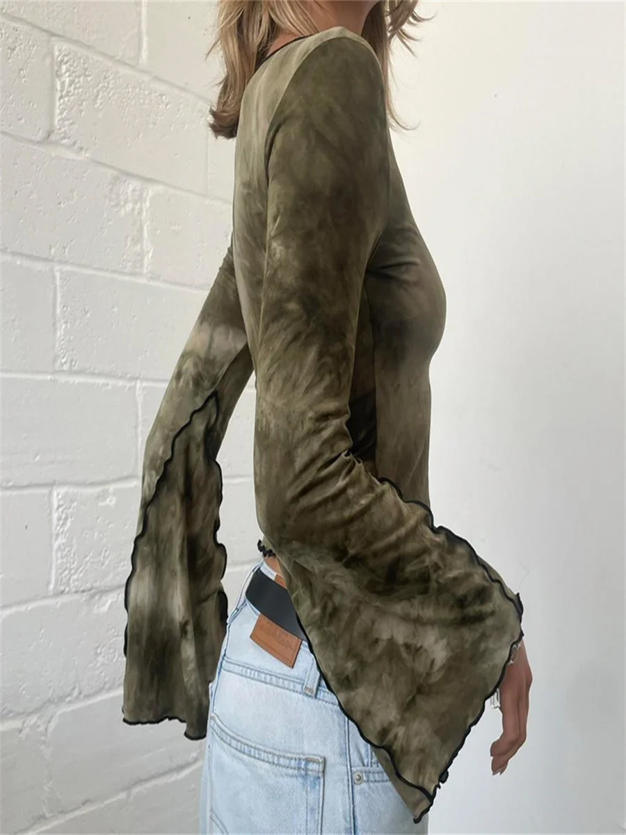 Женские укороченные топы с принтом тай-дай футболки длинными расклешенными