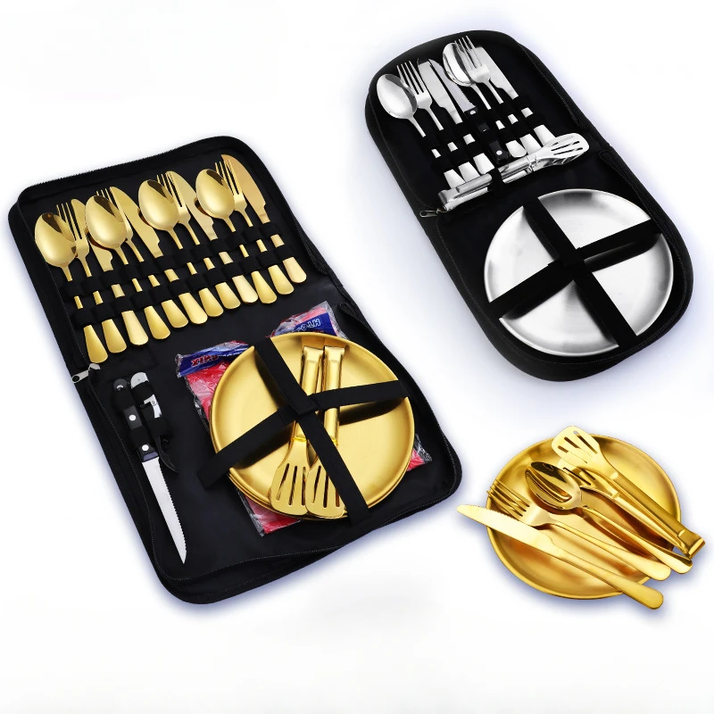 

Camping in Travel Utensils Outdoor Portable Picnic Camping Cutlery 2/4 People Stainless Steel Plate Food Tong Flatware Set