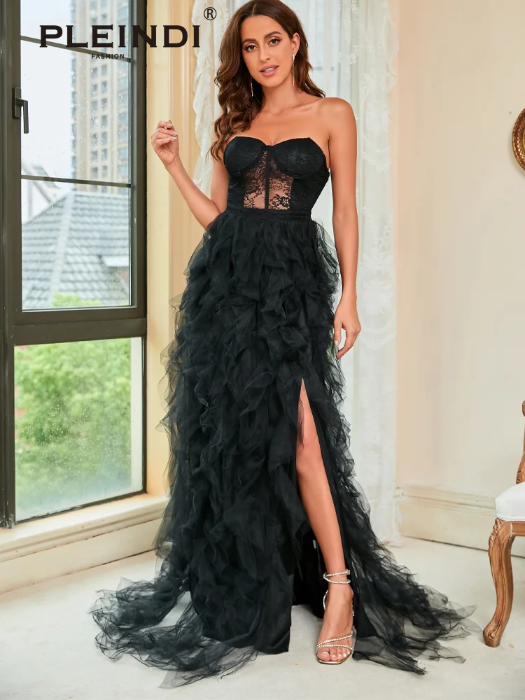 PLEINDI Elegant Evening Dresses Strapless Sleeveless A-shaped Floor-Length Lace 2022 New of Ruched Exquisite Prom Dress Women