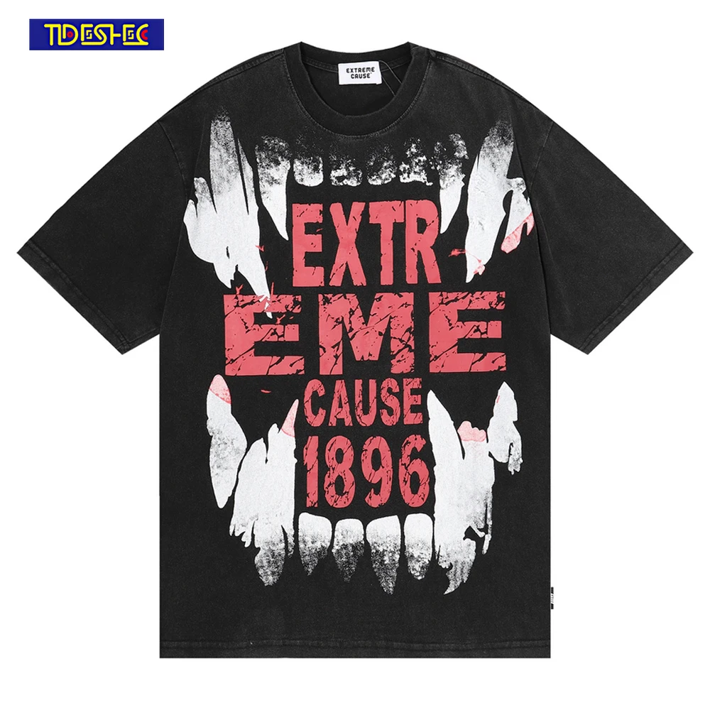 

Men Hip Hop Vintage Tshirt Streetwear Letter Tusks Print Distressed Oversize Punk Gothic T-Shirt Harajuku Casual Loose Tee Shirt