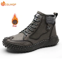 2022 new winter mens boots fashion leather thick plush warm snow boots outdoor slip on handmade motorcycle ankle boots big size