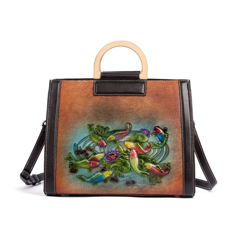 

Natural Skin Women Messenger Shoulder Top Handle Bag Fish Chinese Style Female Lady Genuine Leather Handbag Cross body Tote Bags