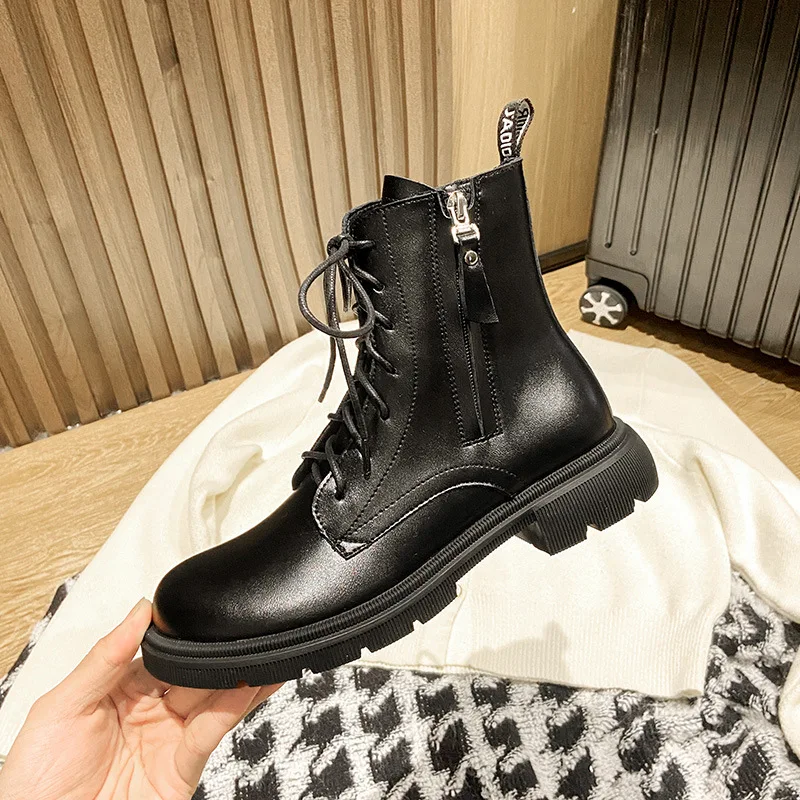 

2022 New Winter Fleece Riding Boots British Style Black Motorcycle Boots Thick Bottom Boots Spring and Autumn Single Boots