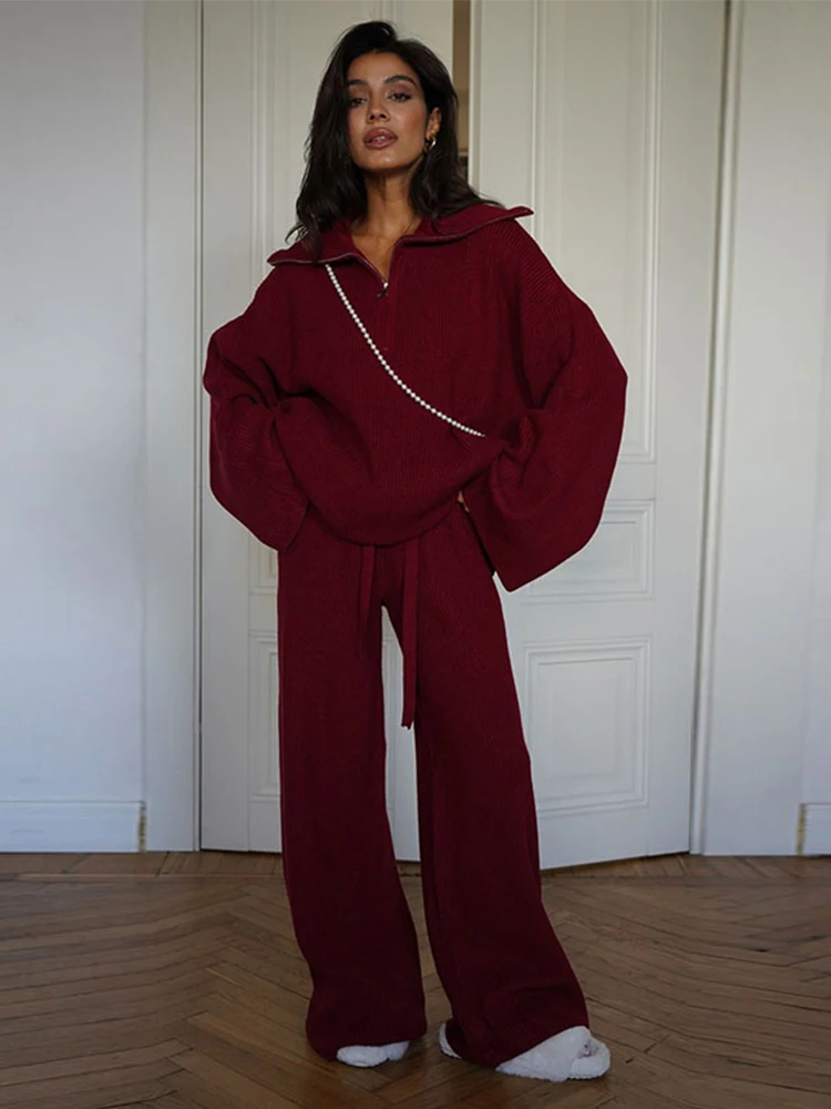 Fashion Women Knitted 2 Pieces Sets With Trousers Casual Lapel Long Sleeve Pullover Wide Leg Pants Autumn Ladies Suit