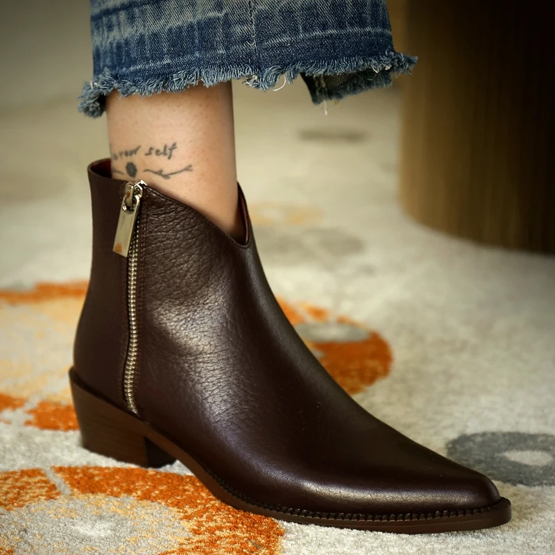 

Ankle Boots Genuine Leather Top Quality Zipper 2021 New Autumn Winter Fashion Lady Cow Cowhide Shoes Handmade Western Boots