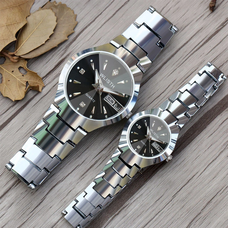 

WLISTH Q353 Quartz Watch Couple Pairing Alloy Mineral Reinforced Glass Mirror Surface Luminous Waterproof Calendar Week Display