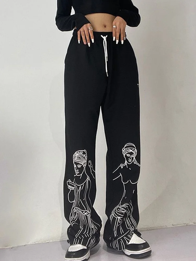 

Printed High-waisted Women's Pants 2023 Summer Drawstring Casual Loose Pants Hip-hop Street Harajuku Punk Gothic Wide Leg Pants