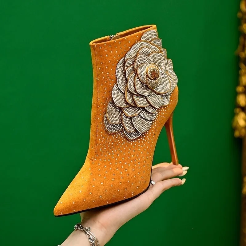 

Rhinestone Flower Fashion Boots Women's Temperament Pointed Ankle Boots Autumn New Super High Stiletto Heel Skinny Single Boots