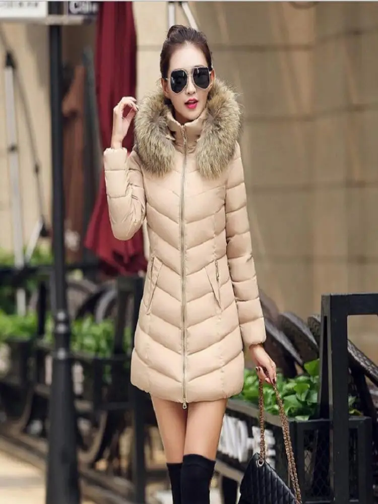 Winter Jacket Women Parkas Long Slim Women Overcoat Down Jacket Female Detachable Fur Collar Winter Coat with Zipper Pockets