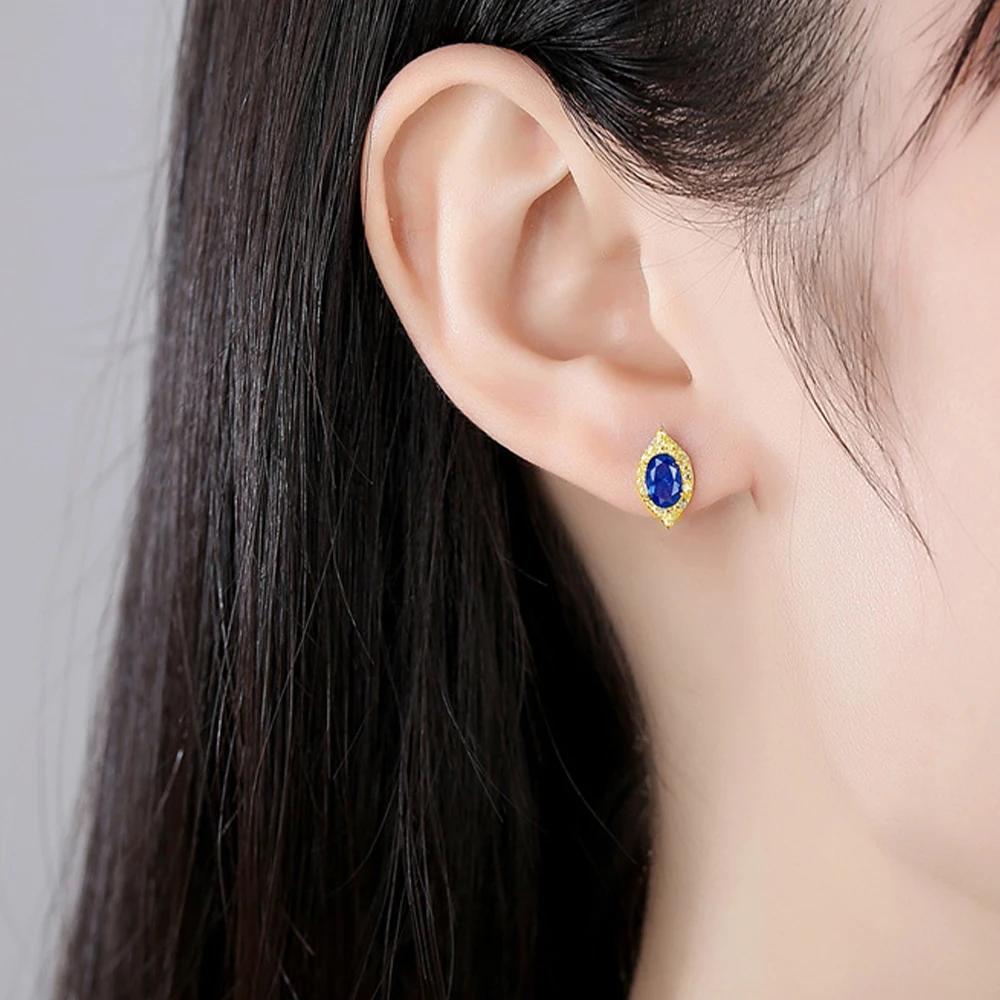 

CANNER S925 Sterling Silver Gold Plated Blue Gemstone Stud Earrings Simple Vintage Versatile Elegant Eye Shape Earrings Women