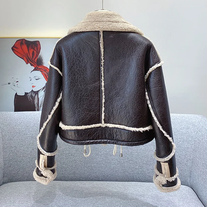 Women Real Shearling Lamb Fur Jackets Winter Double Face Coats Lady Crop Jacket Thick Warm Genuine Leather S3659