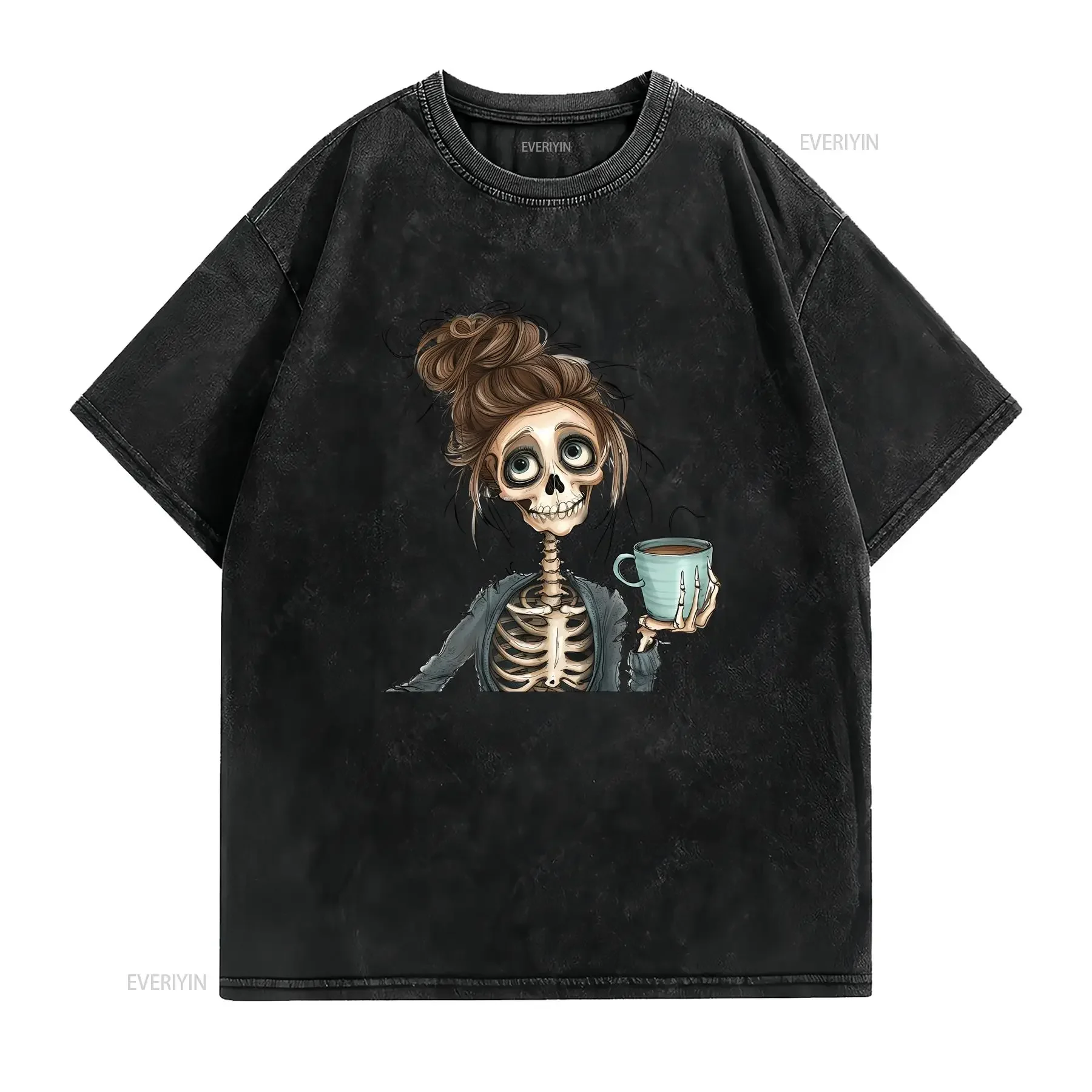Фото Футболка Skeleton Coffee T Shirt SweaT Fall Halloween Lover в винтажном стиле с эффектом потертости, модная, с графическим принтом, уличная одежда, универсальная, слегка мягкая №2
