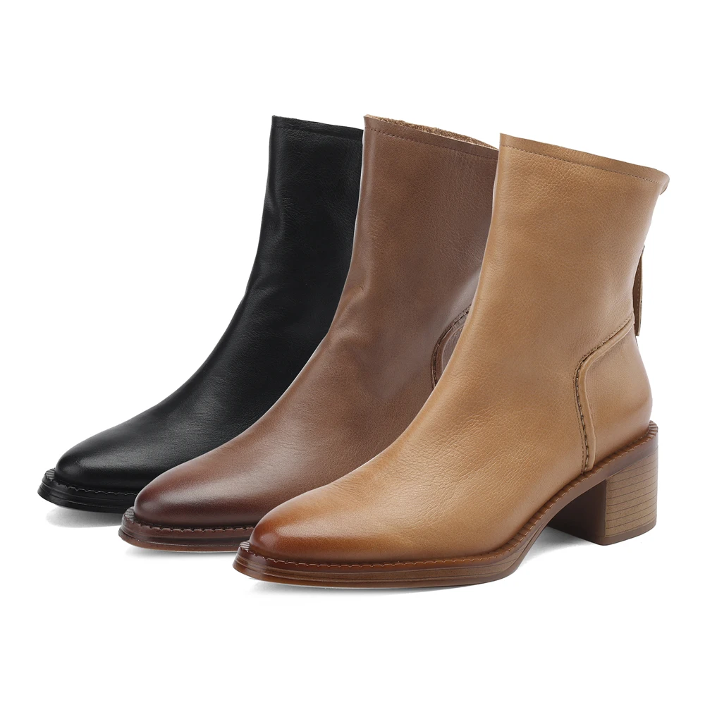 

2023 Осень Зима;женские ботинки челси из натуральной кожи;сапожки с круглым носом на каблуке женские ; женская обувь;сапоги зимняя;полусапожки женские;коричневые