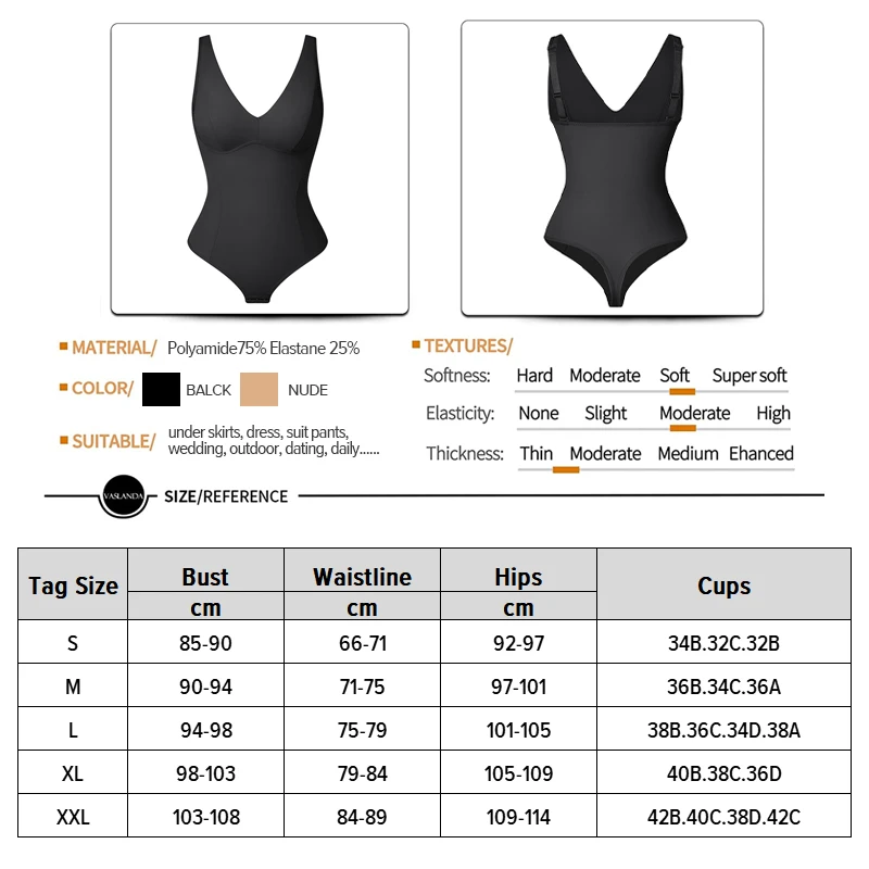 Women Sexy Thong Bodysuit Built in Bra Push Up Chest Smooth V Neck Body Shaper Tummy Control Slimming Backless Padded Shapewear