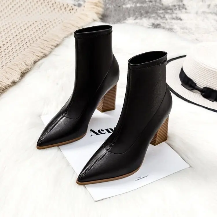 

White Short Boots Women's Thick Heel Spring and Autumn Single Boots 2022 New Pointed High Heels Nude Boots Mid-heel Martin Boots