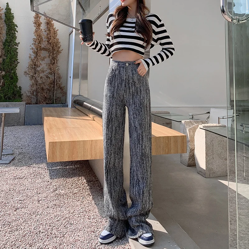 

High Waist y2k jeans for women aesthetic black white Scratched baggy Denim Trousers woman High Street straight Wide Leg pants