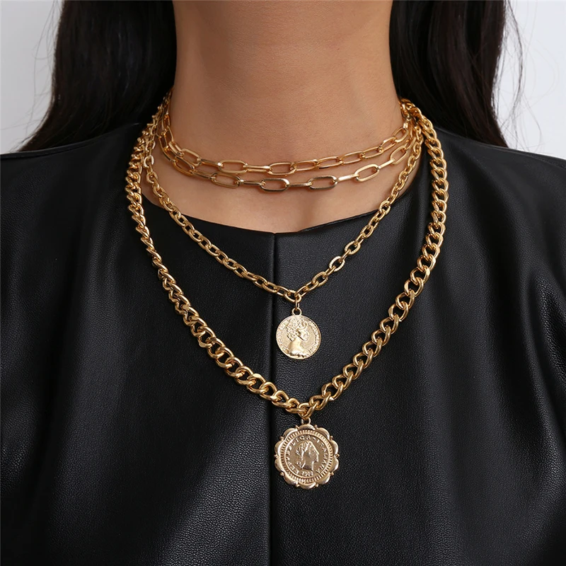 

Thick Chain Lock Necklace Punk Style Temperament Three-Layer Lock Pendant Multi-layer Coin Pendant Necklace Metal Necklace