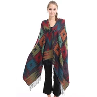 new designer bohemia wool ponchos for women geometric print shawls pashmina ladies vintage cardigan cap brand tassel wraps 2022