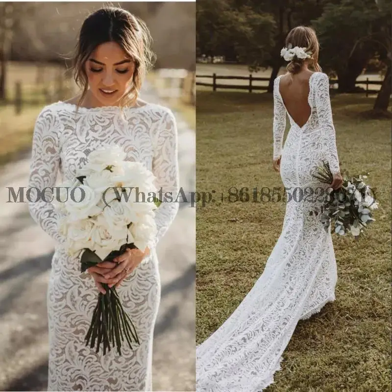 

Lace Boho Wedding Dresses Mermaid Bridal Dress 2022 Long Sleeve Backless Bohemian Elegant Bride Gowns Vestidos De Noiva