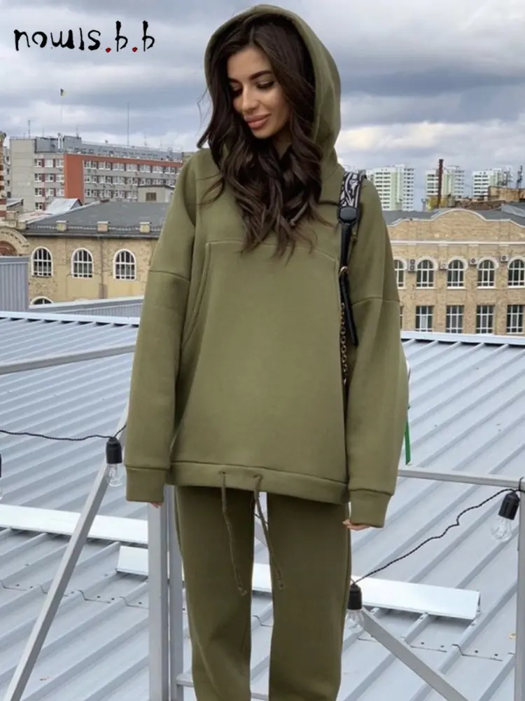 

NOWISBB Solid Hoodies Two Piece Sets Womens Outifits Tracksuit Autumn Sweatshirts Casual Trousers Femme 2 Piece Sets Sportswear