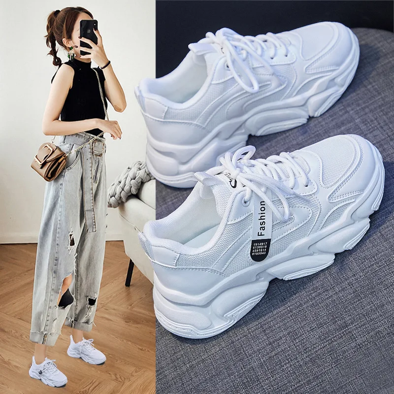 

Туфли женские сетчатые на толстой подошве, дышащие спортивные туфли, Повседневная простая обувь, кроссовки на платформе, белые