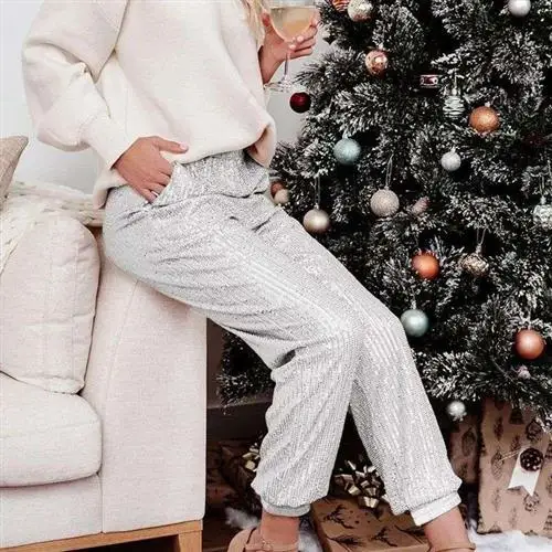 Sequined Sequins Elastic with and Cuffs Trousers