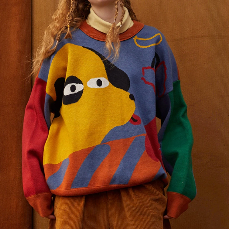 

Women Pullover Sweaters Long Sleeve Cartoon Dog Pattern Color Block Knit Tops Harajuku Loose Fashion 2021 Autumn Jumper Ins