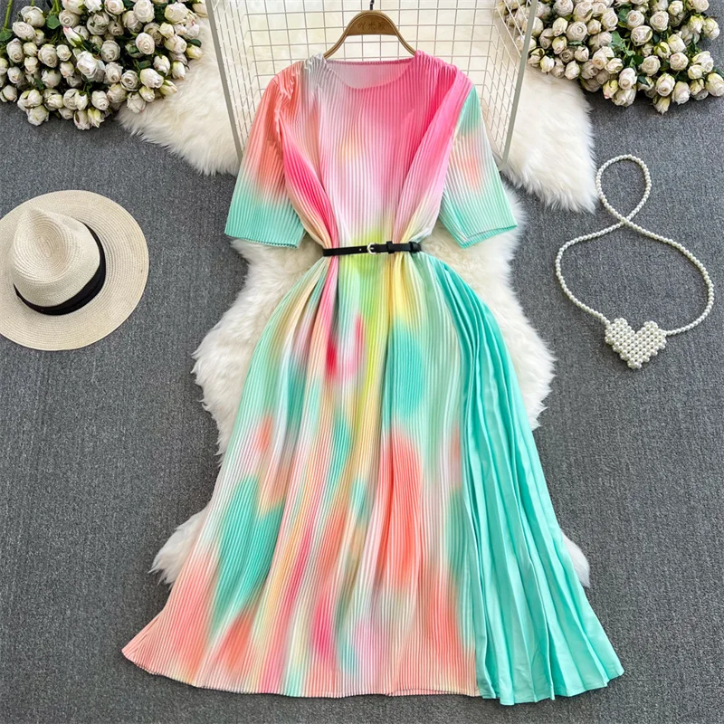 

2023 Mid-Length Vintage Tie-dye Gradient Pleated Dress With Belt Women Summer Vestidos Round Neck Short Sleeve Ladies Dresses