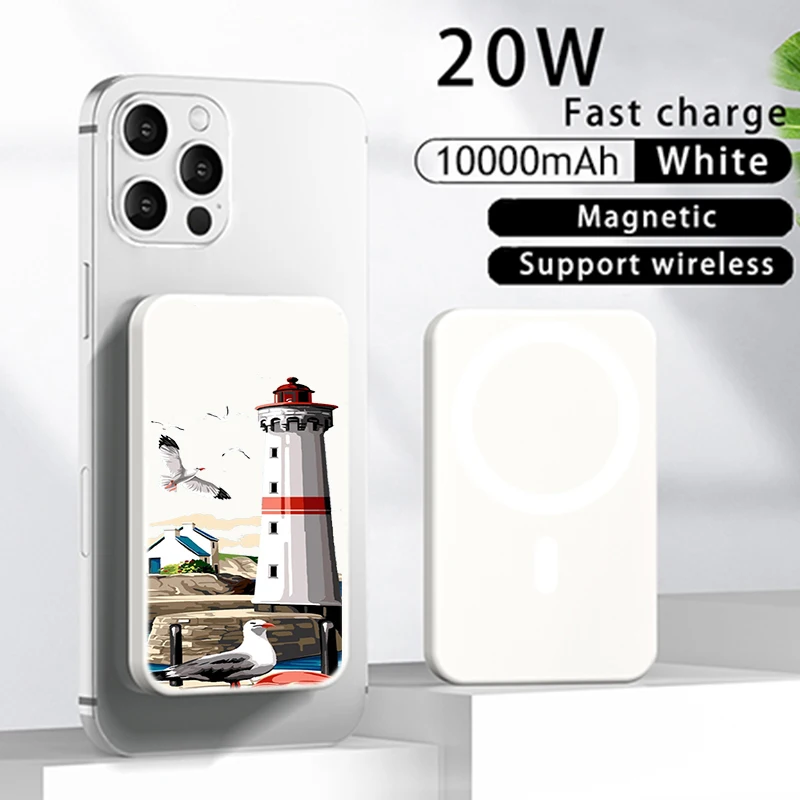 Lighthouse Print Bird Seagull Magnetic Power Bank 10000mAh Portable Chargers External Auxiliary Battery Fast Wireless Charging