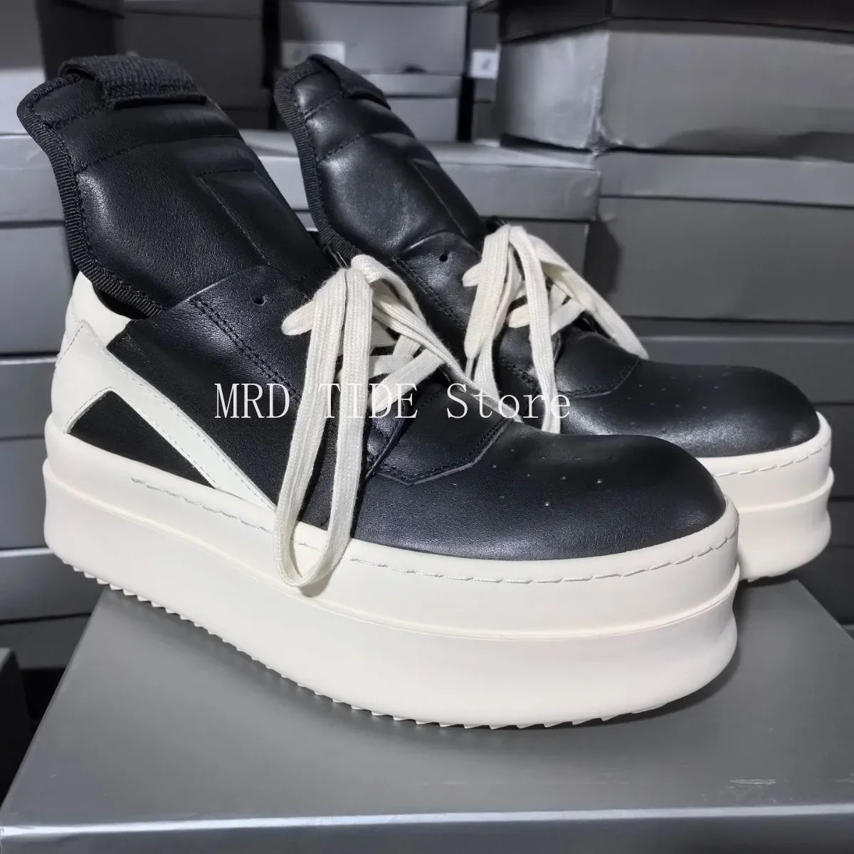 Men Boots Genuine Leather Lace Up Zip Ankle Shoes Platform Increase High Street Vintage Luxury Brand Dance Sneakers Black Owen