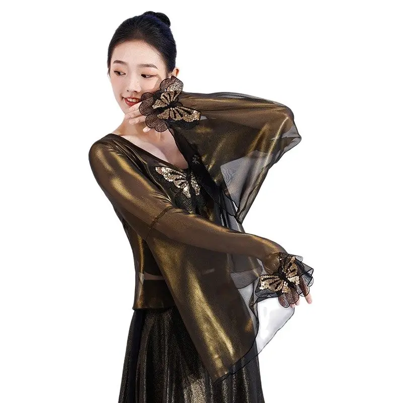 

Women Classical Dance Top Elegant Gilded Chiffon Sequin Butterfly Chiffon Top Gauze Soft Comfortable Light Elegant Noble Breath