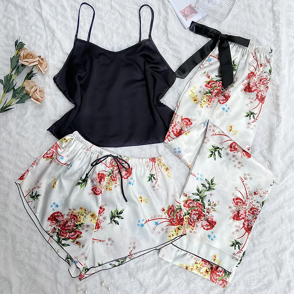 New Sleepwear Women's Soft Ice Silk Sexy Strap Pants Set Elegant Fashion Satin Print Pajamas Home Wear Casual Home Shorts Set