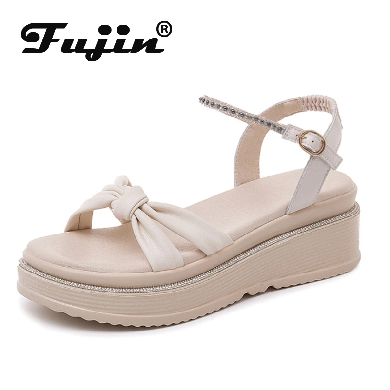 

Fuin 6cm Genuine Leather Sandals Platform Wedge Women Shoes Gladiator Rome Sandals Beach Shoes Slides Bling Bowtie Female