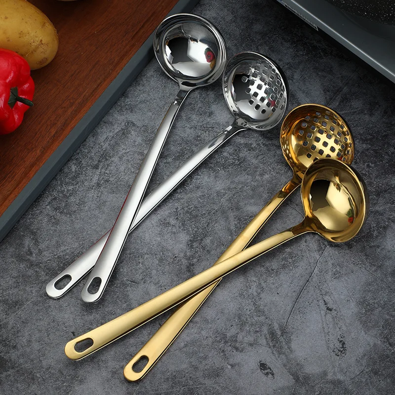 

2PCS Stainless Steel Long Handle Spoon Colander Hot Pot Ramen Soup Ladle Korean Noodles Scoop Kitchen Tableware Cooking Utensils