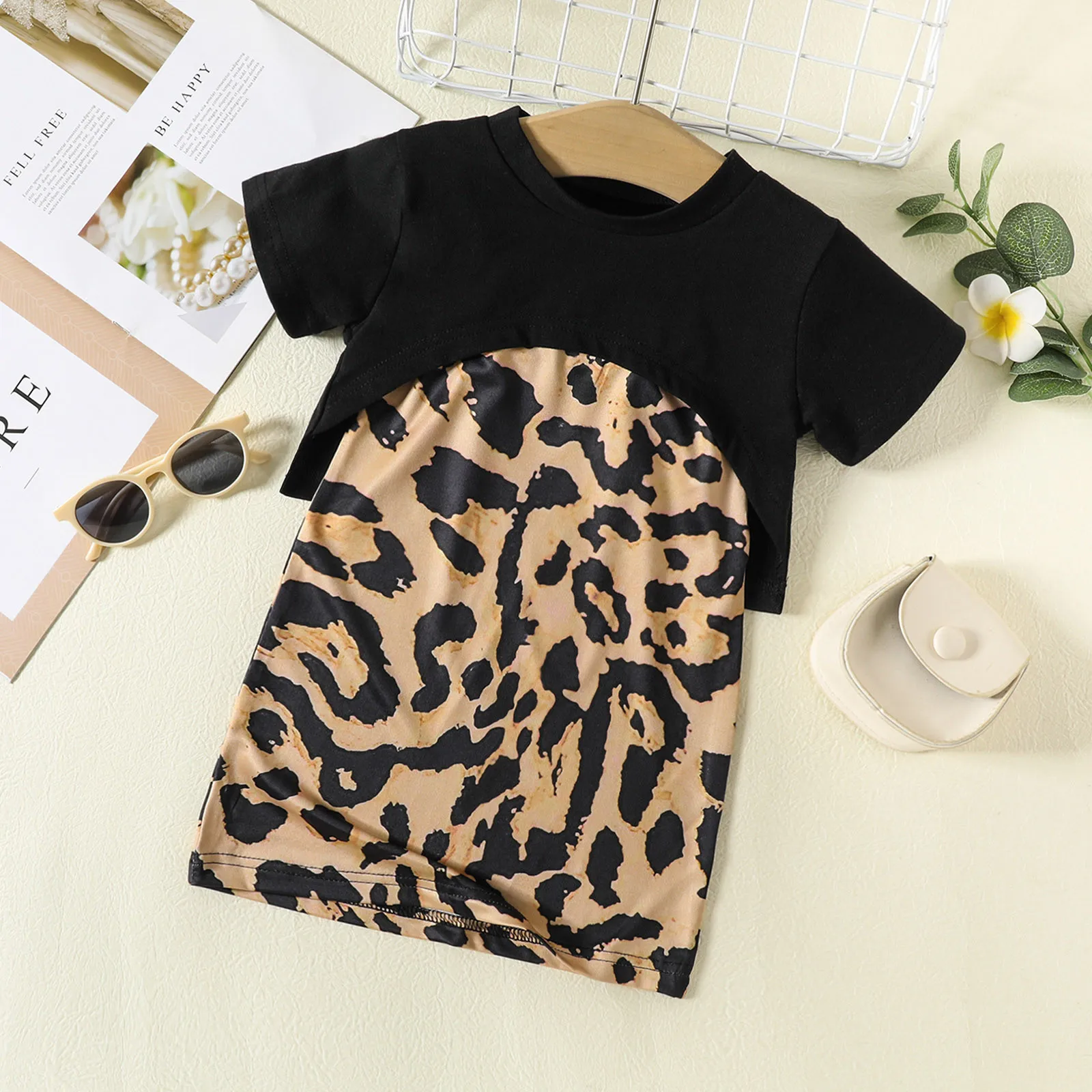 

1-6 Y Toddler Girls Dress Summer 2Pcs Outfits Short Sleeve Cover Up Tops+Leopard Sling Dress Sets Kids Girls Princess Dresses