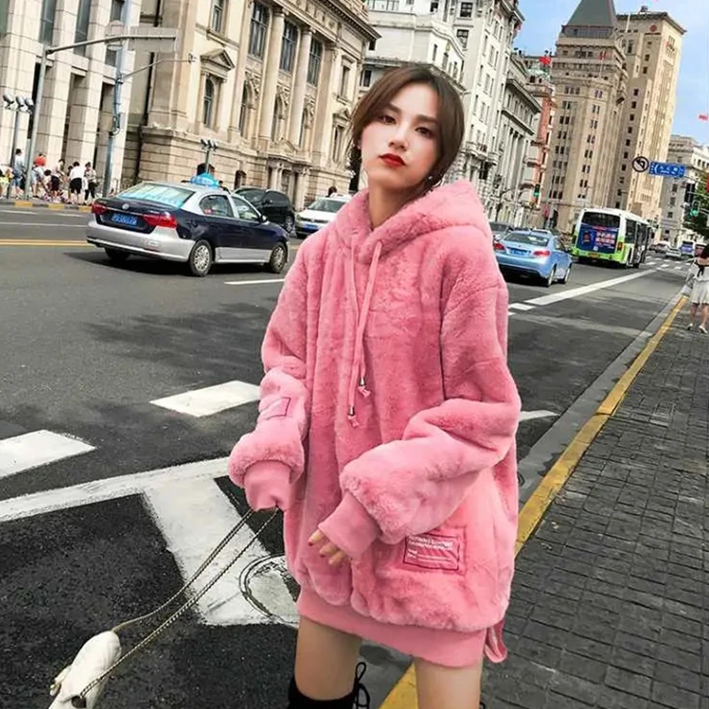 Women Faux Mink Fur Pullover Coat Loose Casual Warm Hoodies Autumn Winter Ladies Fleece Flannel Pullover Female Pink Sweatshirts