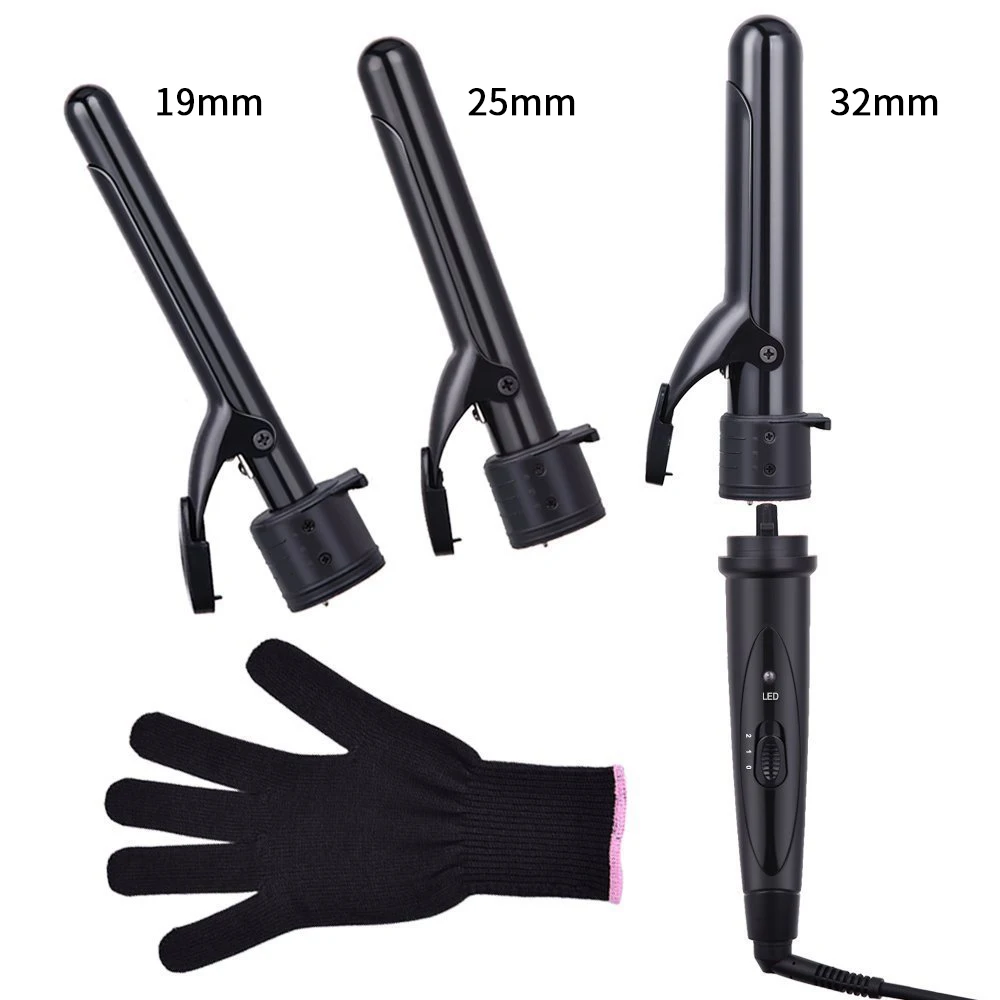 

3 In 1 Professional Ceramic Curling Iron Interchangeable Hair Curler waver LED display Curling Wand roller With Resistant Glove