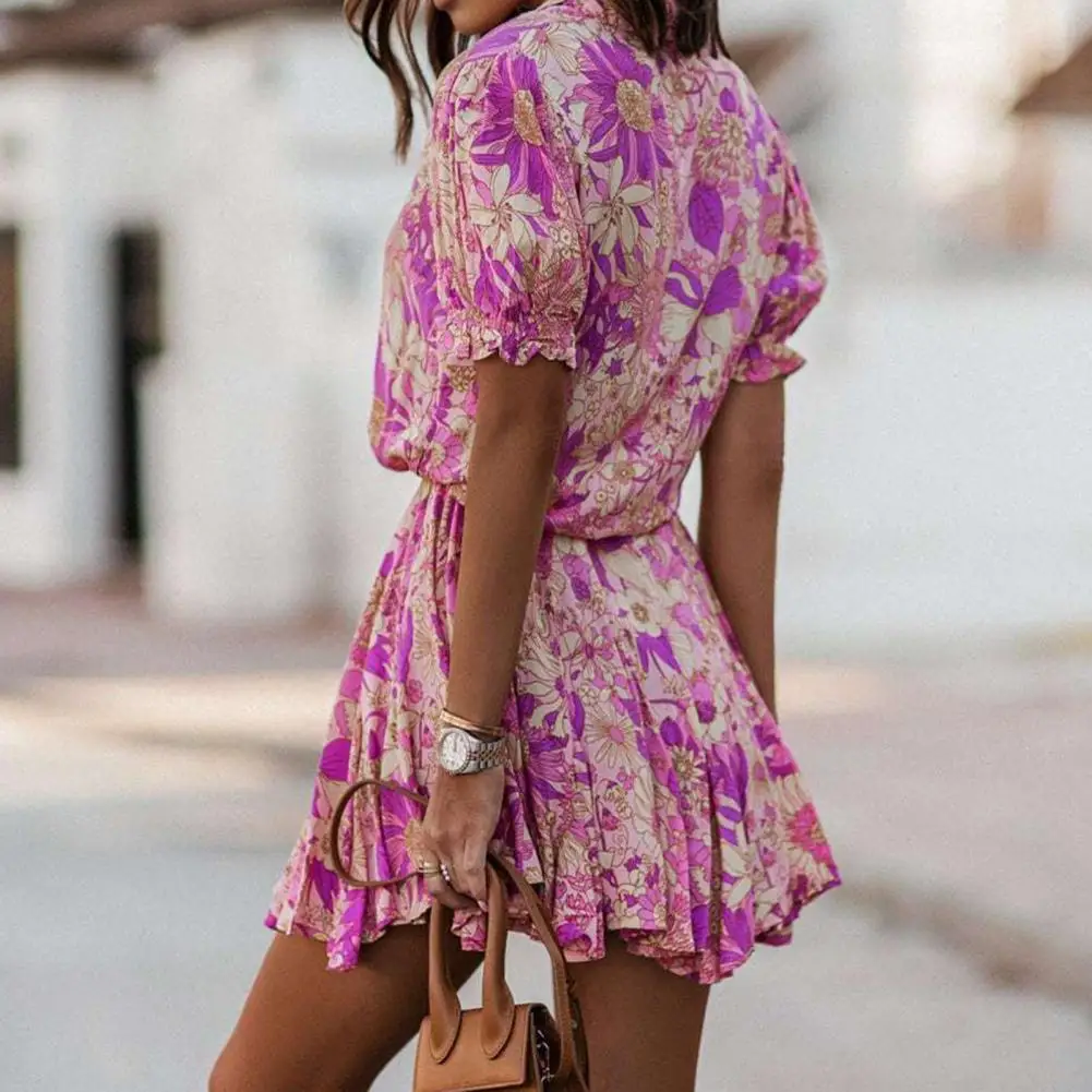 

Popular Casual Dress Loose Fit Buttons Placket Summer Dress Floral Print Waist Tight Summer Casual Dress