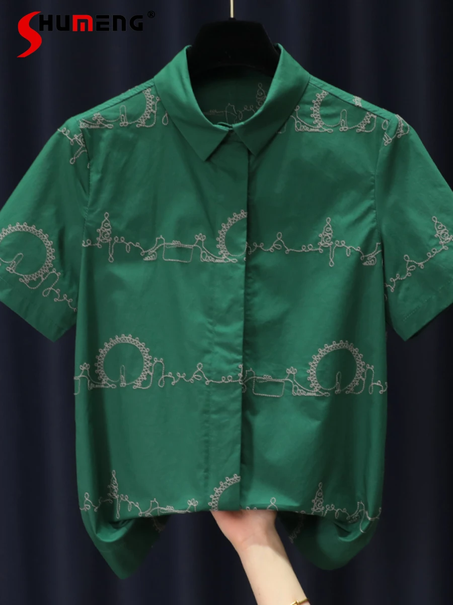 

Office Woman Fashion Short Sleeve Green Shirts European Temperament Women's Polo Collar Embroidered Slim Button Up Tops Mujer