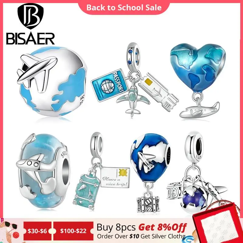 

BISAER 100% 925 Sterling Silver Blue Traveling Airplane Charm Bead Suitcase Pendant Fit Women DIY Bracelet Necklace Fine Jewelry