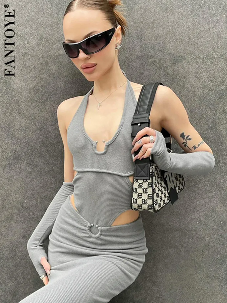 

Fantoye Hollow Out Metal Ring Bodysuits Women Solid Slim Backless Female Clothes Sexy Casual Deep V Neck Black Rompers Body Tops