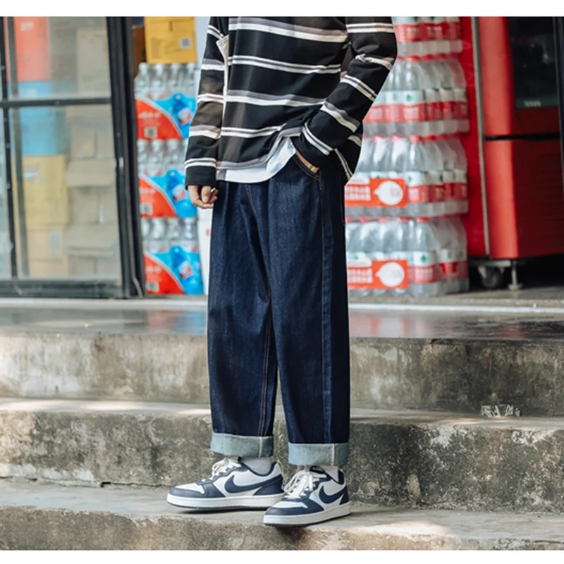 Men Clothing 2022 Autumn Winter New Straight Loose Cylinder Jeans Vintage Versatile Comfortable Navy Blue Harun Trousers Female