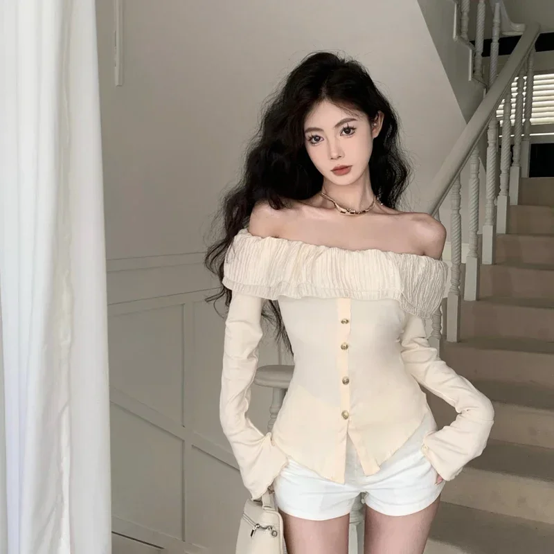 Черные милые женские футболки в Корейском стиле с открытыми плечами тюлевые