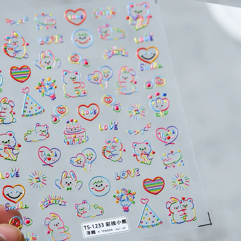 

Transparent Self Adhesive Nail Deco Decals Colorful Line Bear Nails Stickers 2023 5D Engraved Manicure Design Decorations Slider
