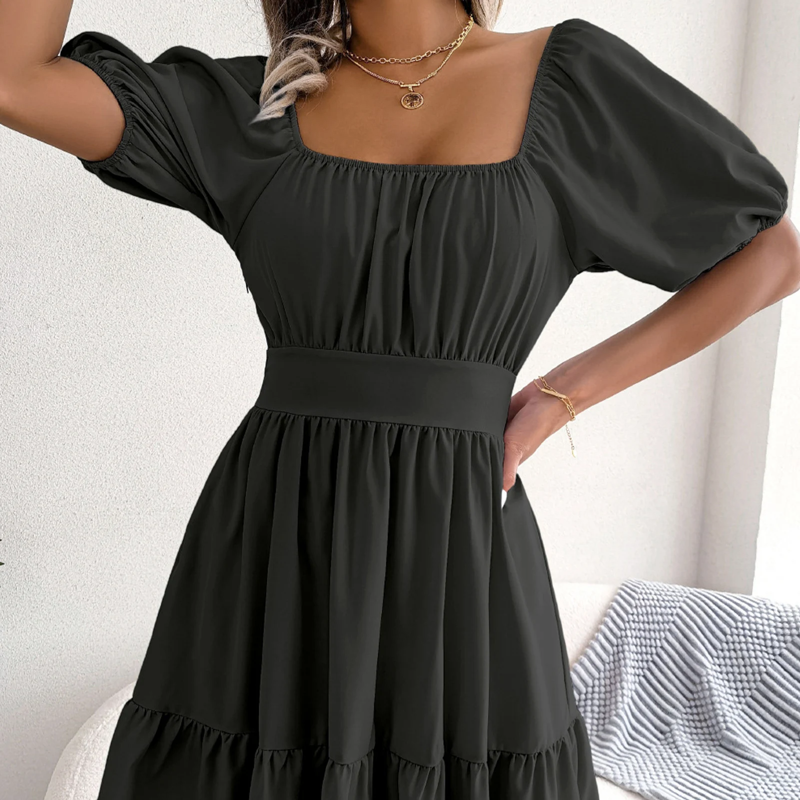 

Spring Summer Casual Dresses Square Neck Female Mini Dress Sexy Lace-up Large Swing Ruffle Hem Pleat Fashion for Cocktail Party