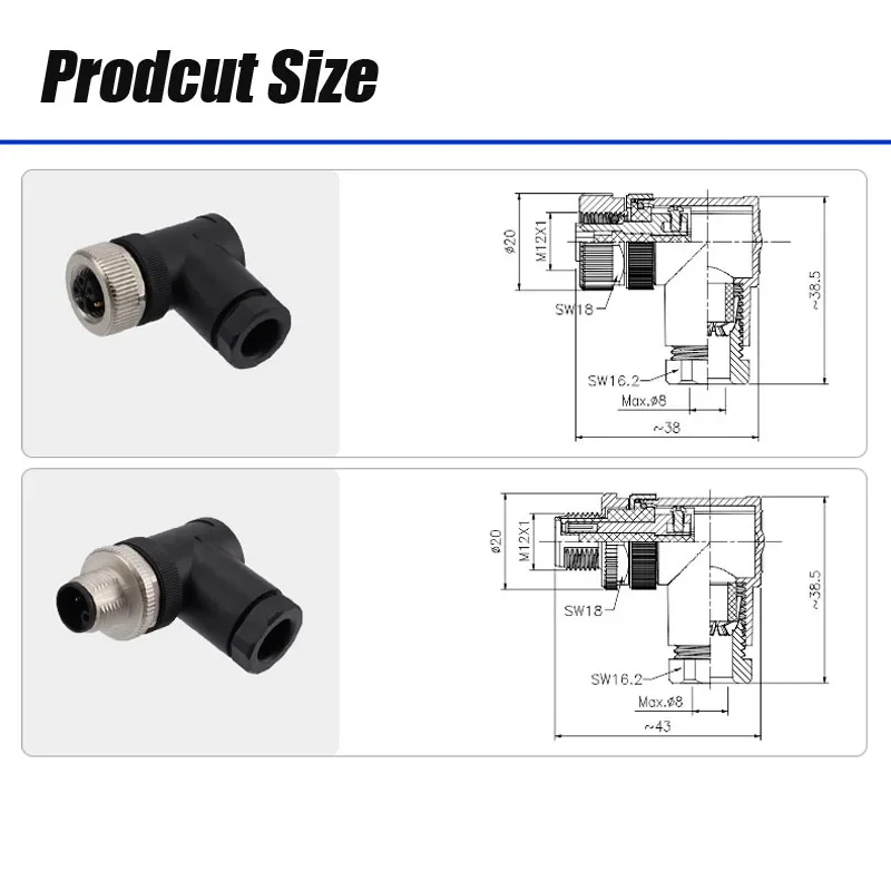 Водонепроницаемый M12 3 4 5-контактный разъем L-кода IP67 Высокоточная винтовая