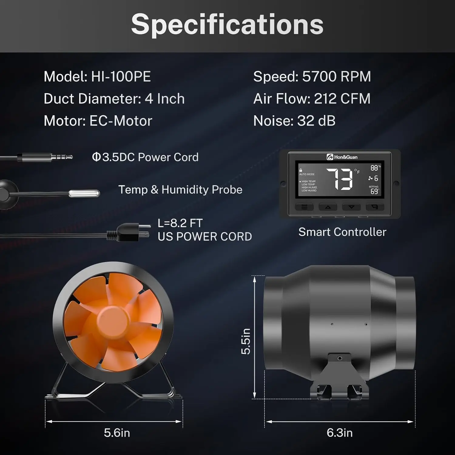 Hon&ampGuan PRO 4-дюймовый линейный канальный вентилятор — 212 куб. футов в минуту с тихим