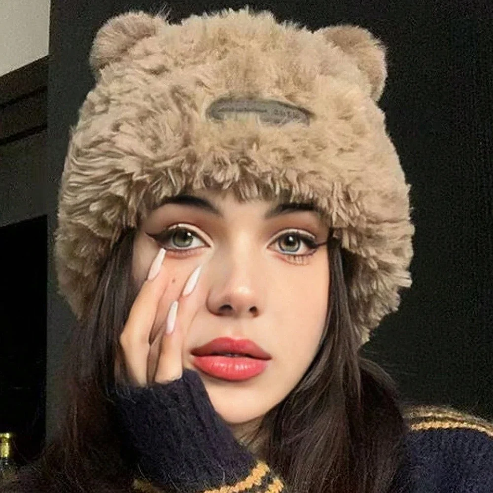 Милая осенне-зимняя вязаная шерстяная шапка с медведем и защитой ушей женская