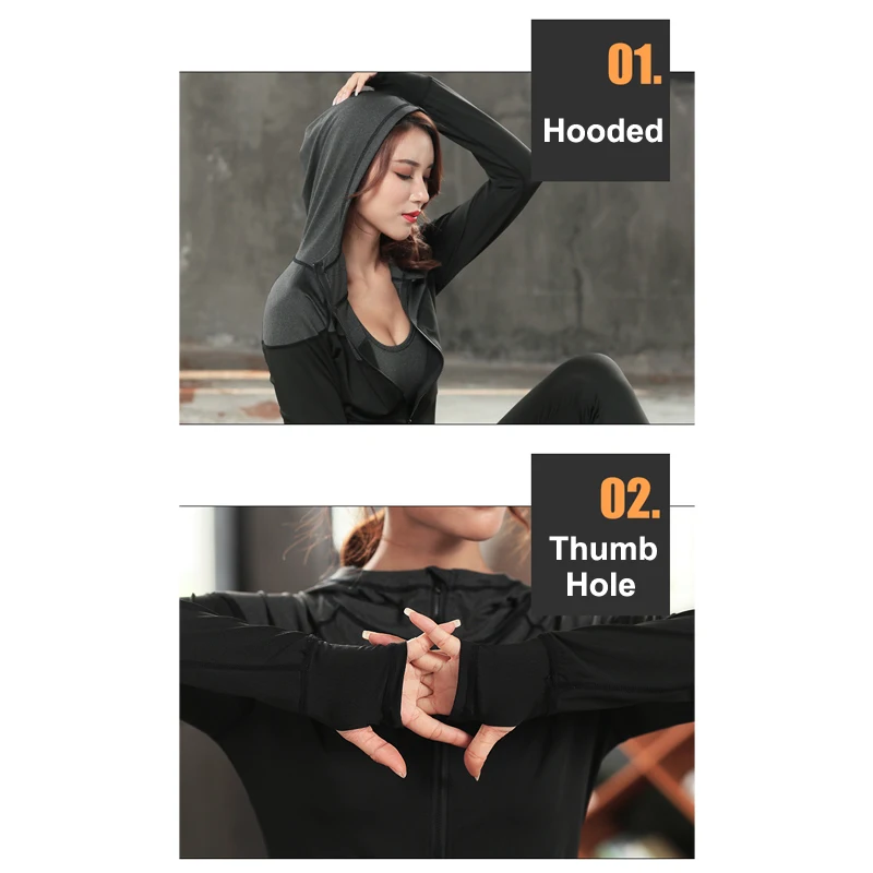 Women Thin Slim Sport Hoodies Zipper Running Jackets Quick Dry Long Sleeve Thumb Hole Yoga Tops Gym Workout Fitness Hooded Coat